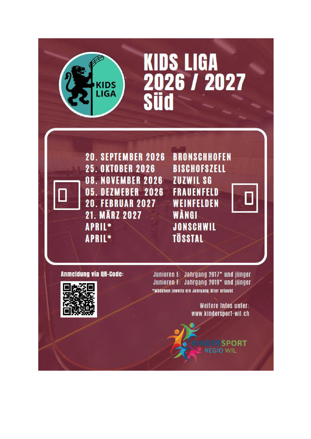 Flyer Kids Liga 2026/2027 Süd mit allen Turnierdaten
